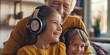 © gunzexx png and bg - Happy grandfather with headphones sharing a musical experience with his grandchildren, enjoying family time together