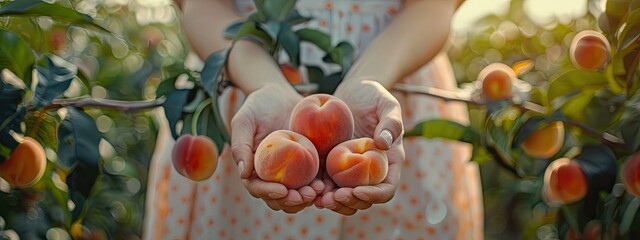 Wall Mural - peach in the hands of a woman in the garden. Selective focus.