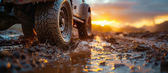 Wall Mural - close up of offroad wheels on Travel concept by car against sunset and mountains