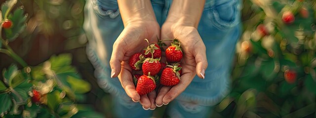 Wall Mural - Harvest in the hands of a woman in the garden. Selective focus.