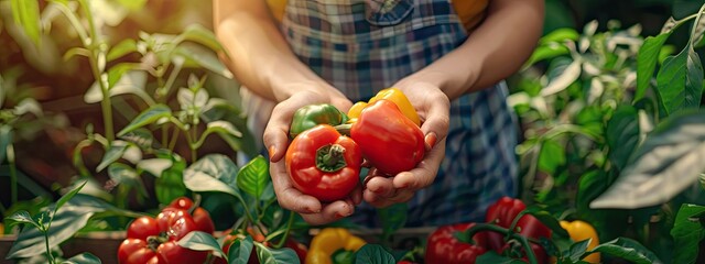 Wall Mural - Harvest in the hands of a woman in the garden. Selective focus.