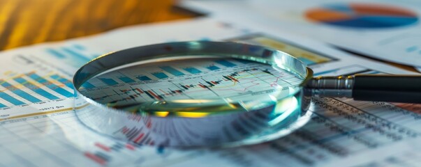Poster - Magnifying glass on financial charts. Concept of analysis, finance, investment, and market research. Detailed close-up of data scrutiny.