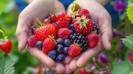 Poster - Harvest in the hands of a woman in the garden. Selective focus.