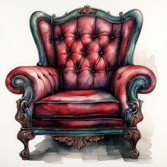 Wall Mural - Watercolor Vintage Armchair With Red Illustration, Generative Ai