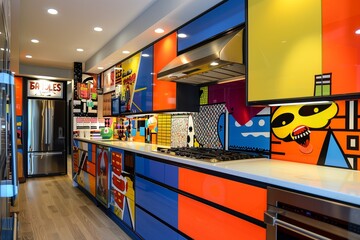 Modern Kitchen with Pop Art Flair, showcasing Brightly Colored Cabinets, Pop Culture-inspired Backsplash, and Sleek, Contemporary Appliances