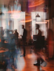 Poster - blurred silhouettes of people in a coworking space or office space. generative ai.