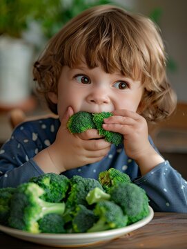 child eats broccoli. selective focus. generative ai,