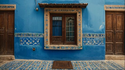 A blue building with an Ibizan style window and door.