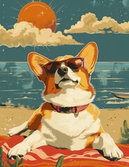 Wall Mural - A retro-style poster illustration of cute corgi, depicting a sense of relaxation and bliss., generated with ai