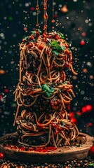 Wall Mural - A sumptuous plate of appetizing Spaghetti Carbonara, with golden crispy bacon, served on a rustic wooden table, generated with AI