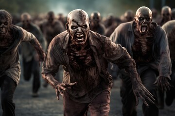 Zombies. Crowd of zombies in a post-apocalyptic city zombie attack going forward. A zombie horde in the destroyed ruins of a city after a zombie apocalypse outbreak. 3d illustration. Halloween concept