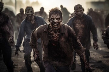 Zombies. Crowd of zombies in a post-apocalyptic city zombie attack going forward. A zombie horde in the destroyed ruins of a city after a zombie apocalypse outbreak. 3d illustration. Halloween concept