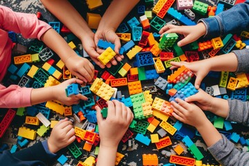 a group of children engrossed in building and playing with colorful blocks, fueled by boundless crea