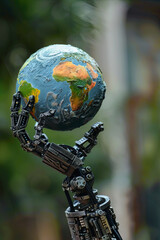 Wall Mural - Robotic arm holding the Earth globe with its mechanical fingers, symbolizing the intersection of technology and our planet, and the potential for automation to shape our world