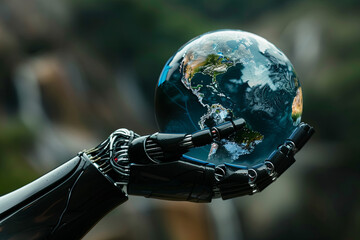 Wall Mural - Robotic arm holding the Earth globe with its mechanical fingers, symbolizing the intersection of technology and our planet, and the potential for automation to shape our world