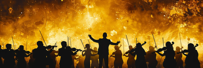 silhouetted symphony orchestra performers amid explosive fiery backdrop