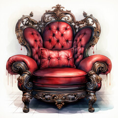 Wall Mural - Watercolor Vintage Armchair With Red Illustration, Generative Ai