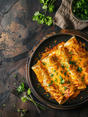 Wall Mural - Tantalizing Mexican Enchiladas Served on Rustic Earthenware Plate with Vibrant Veggie Garnishes and Ample Copyspace