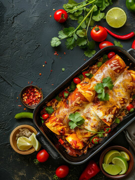 Tantalizing homemade Mexican enchiladas served on a rustic dark platter with fresh herbs limes and copy space for recipe or menu