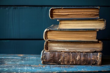 Wall Mural - Antique Book Collection on Blue Background, Close-up View