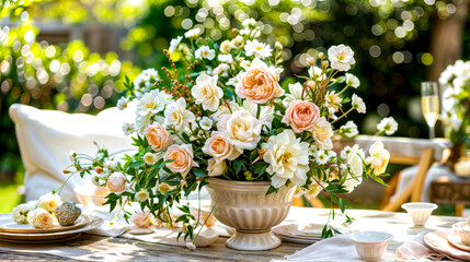 Wall Mural - Vase filled with lots of flowers sitting on table next to plate.