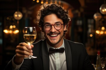 Hispanic young man wearing elegant nerd style drinking a glass of sparkling champa, generative IA
