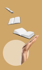 Human hand with open book. Reading apps