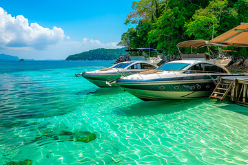 Poster - Luxury yachts docked in crystal clear turquoise water by tropical island