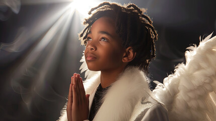 Wall Mural - A small child with angel wings is praying with his hands folded in a prayer position. The concept of religion, love and spirituality. Costume for Valentine's Day, Christmas or studio portrait shoot.