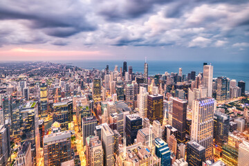 Wall Mural - Illuminated Chicago Aerial Skyline View at Dusk with Clouds