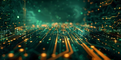 Fototapete - a computer circuit board with many lights and dots on it's surface, with a dark background and a green glow
