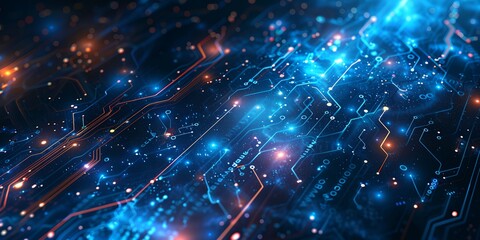 Fototapete - computer circuit board with many lights and dots on it's surface, with a blue and orange background