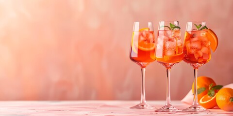 Wall Mural - glasses of Aperol spritz, summer cocktail with garnishes and mint on a table with pink background