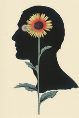 Poster - Robotic pueblapunk flower power portrait, boho linocut minimalism, sci-fi surrealism, generated with ai