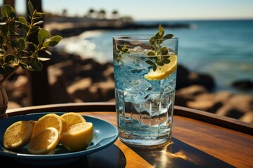 A glass of cold water with lemon and ice cubes is served in a sea restaurant overl, generative IA