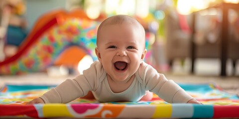 an adorable baby laughing during tummy time on a colorful play mat, symbolizing joy and early develo