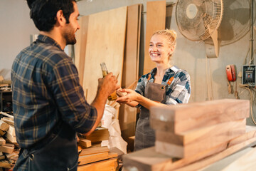 Wall Mural - carpenter workshop with timber equipment and carpenter's shop tool, craft woodwork industry by professional craftsman person working in wooden occupation job to make a furniture from wood plank