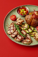 Grilled pork steaks with roasted vegetables and salsa on red