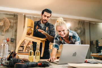 Wall Mural - carpenter workshop with timber equipment and carpenter's shop tool, craft woodwork industry by professional craftsman person working in wooden occupation job to make a furniture from wood plank