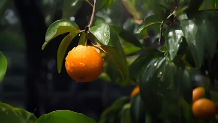 Wall Mural - An orange on a branch with raindrops in the garden