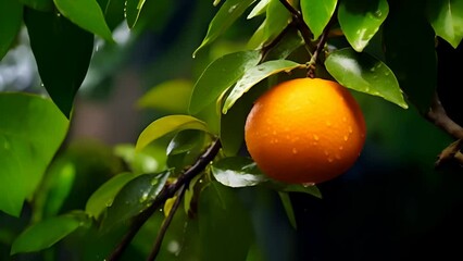 Wall Mural - An orange on a branch with in orchard