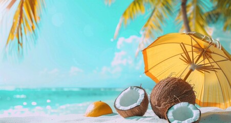 Wall Mural - Yellow Umbrella and Two Coconuts on Beach