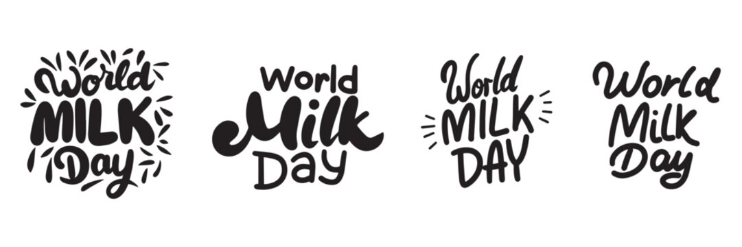 Collection of World Milk Day text. Hand drawn vector art.