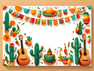 Wall Mural - Cinco de Mayo Mexican festive banner. The horizontal card of Mexican culture symbolizes the collection of maracas, pinatas, jalapenos, fruit, sombrero, cactus, guitar Cinco de Mayo web header design.