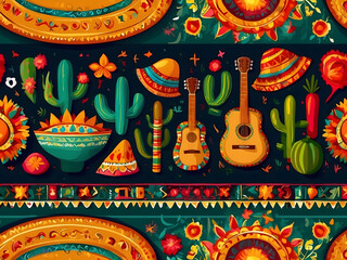 Wall Mural - Cinco de Mayo Mexican festive banner. The horizontal card of Mexican culture symbolizes the collection of maracas, pinatas, jalapenos, fruit, sombrero, cactus, guitar Cinco de Mayo web header design.