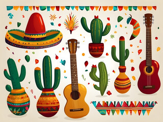 Wall Mural - Cinco de Mayo Mexican festive banner. The horizontal card of Mexican culture symbolizes the collection of maracas, pinatas, jalapenos, fruit, sombrero, cactus, guitar Cinco de Mayo web header design.