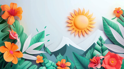 Wall Mural - a colorful paper drawing of a mountain landscape with a sun in the sky