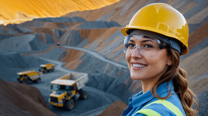 Woman with yellow hard hat and safe glasses standing in front of mine and smiling. Coal, mineral, resources mining industry. Professional engineer work, inspecting industrial site.