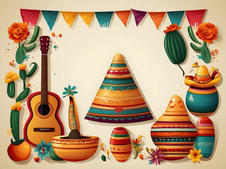 Wall Mural - Mexican fiesta, Cinco de Mayo, birthday elements, and icon design.