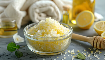 Poster - Natural Ingredients Homemade Body Sea Salt Scrub with Olive Oil Honey Milk White Towel